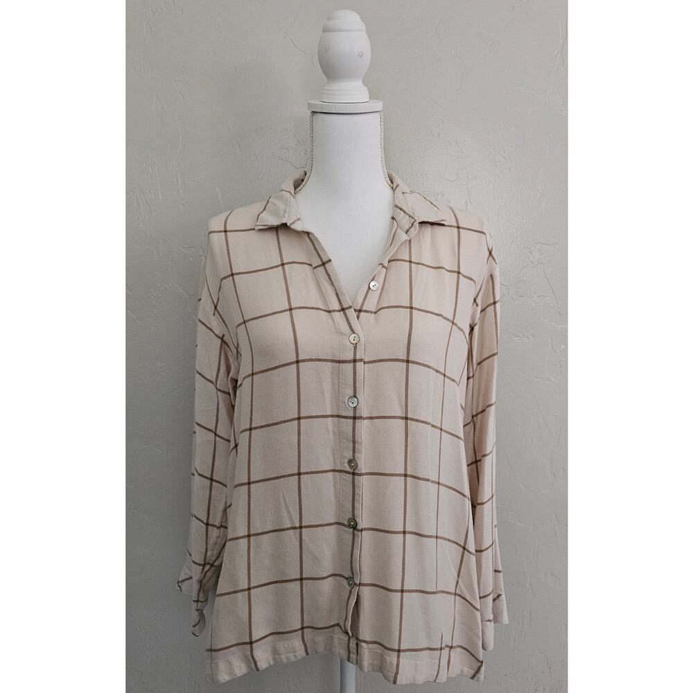 J.Jill Cream Plaid Oversized Button Up Top Petite